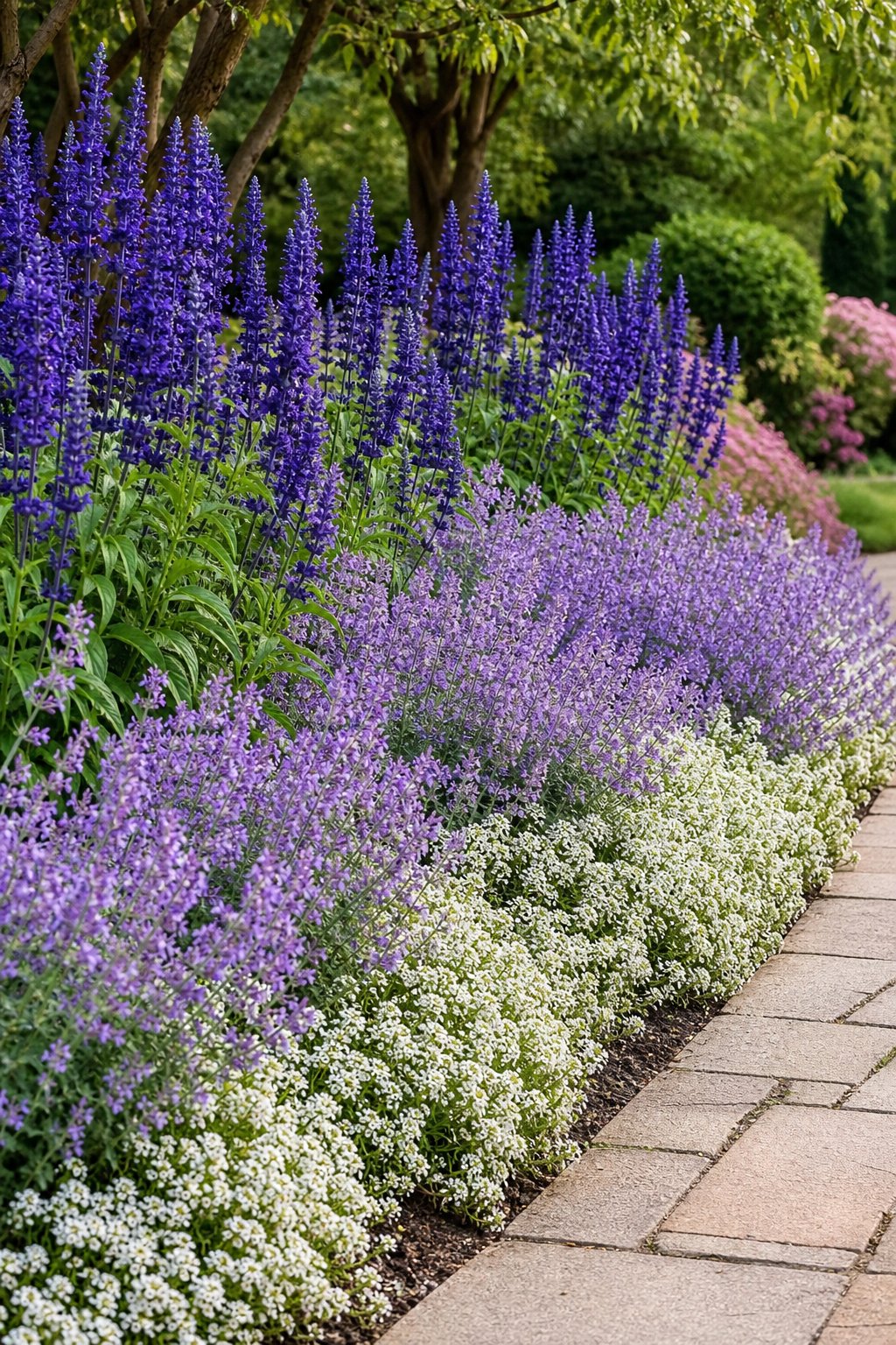 A narrow flower bed layered with tall salvia, lavender, and low white alyssum beside a garden path.