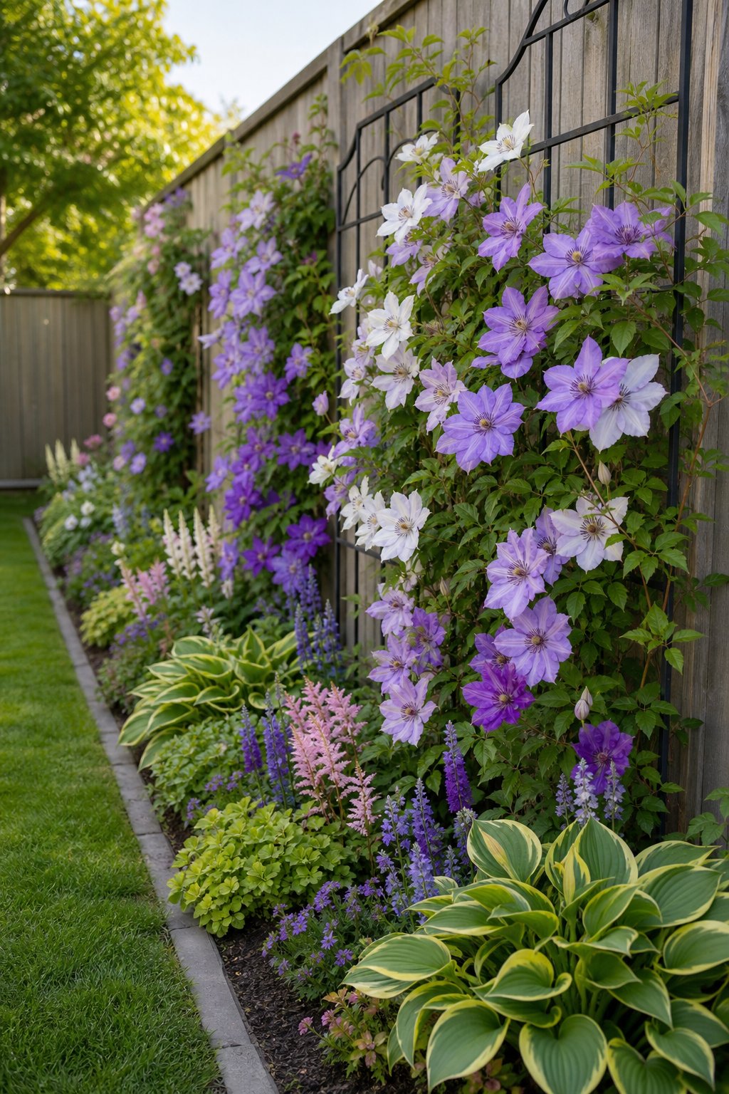 A narrow flower bed with blooming clematis vines climbing a trellis along a garden fence.