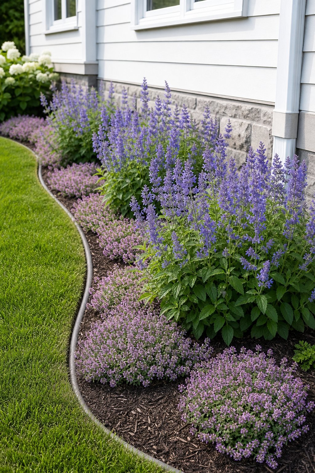 A curved foundation flower bed planted with blue-violet catmint and low-growing creeping thyme beside a home.