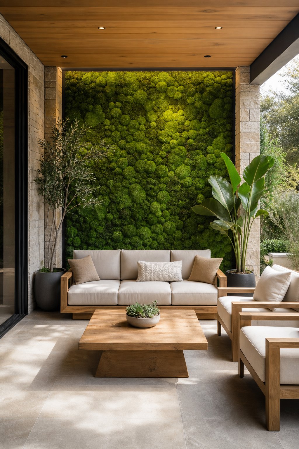 A covered patio with a lush preserved moss feature wall and modern outdoor furniture.
