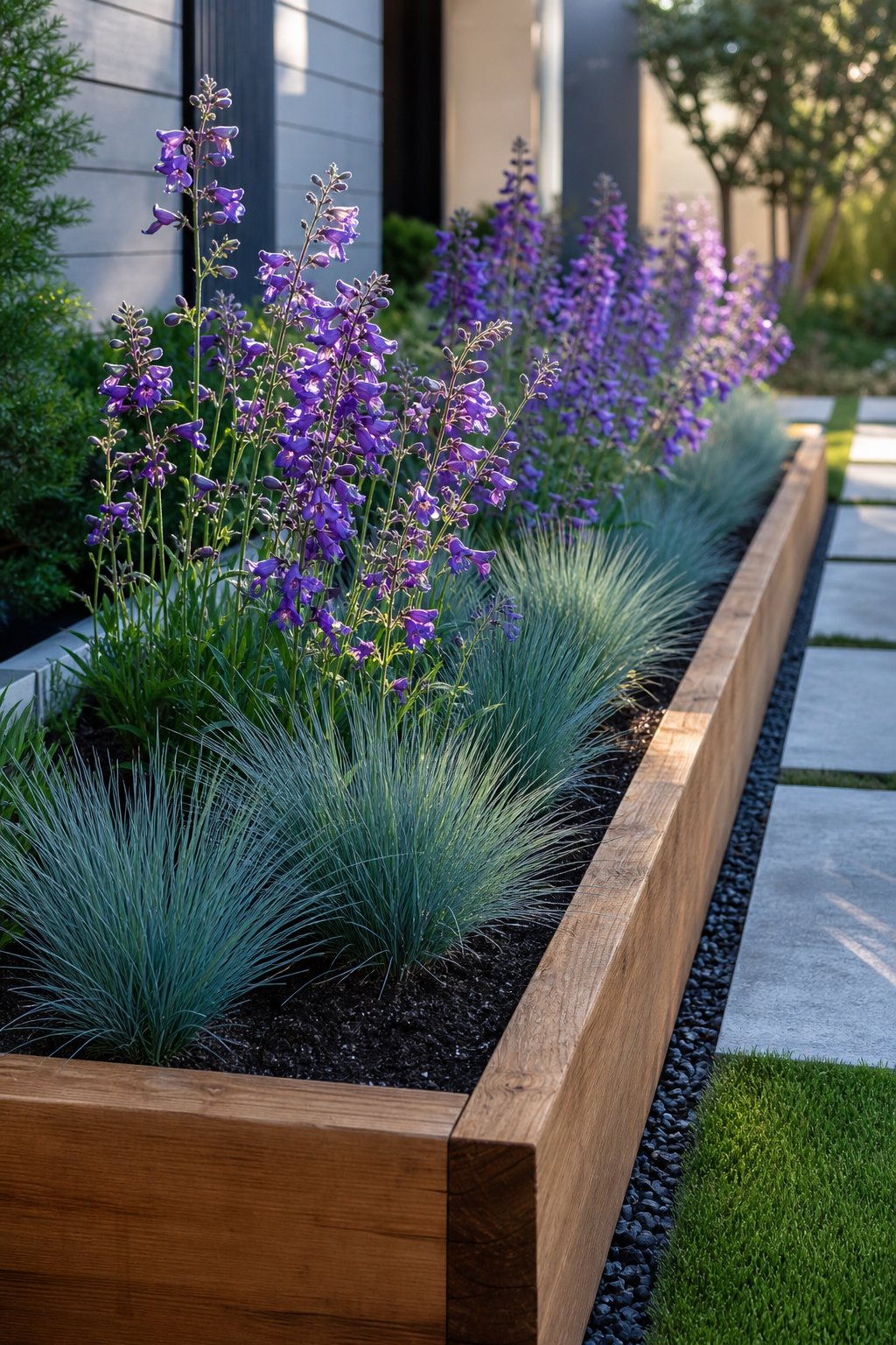 A narrow raised flower bed filled with purple penstemon and blue fescue beside a walkway.