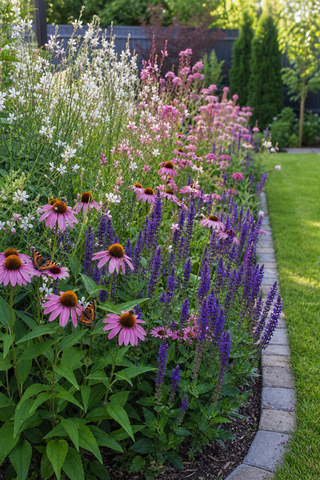 A narrow garden bed filled with purple echinacea, airy gaura, and blue salvia beside a green lawn.