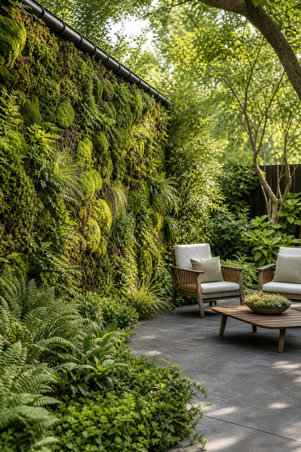 A living moss wall with drip irrigation beside a garden seating area.