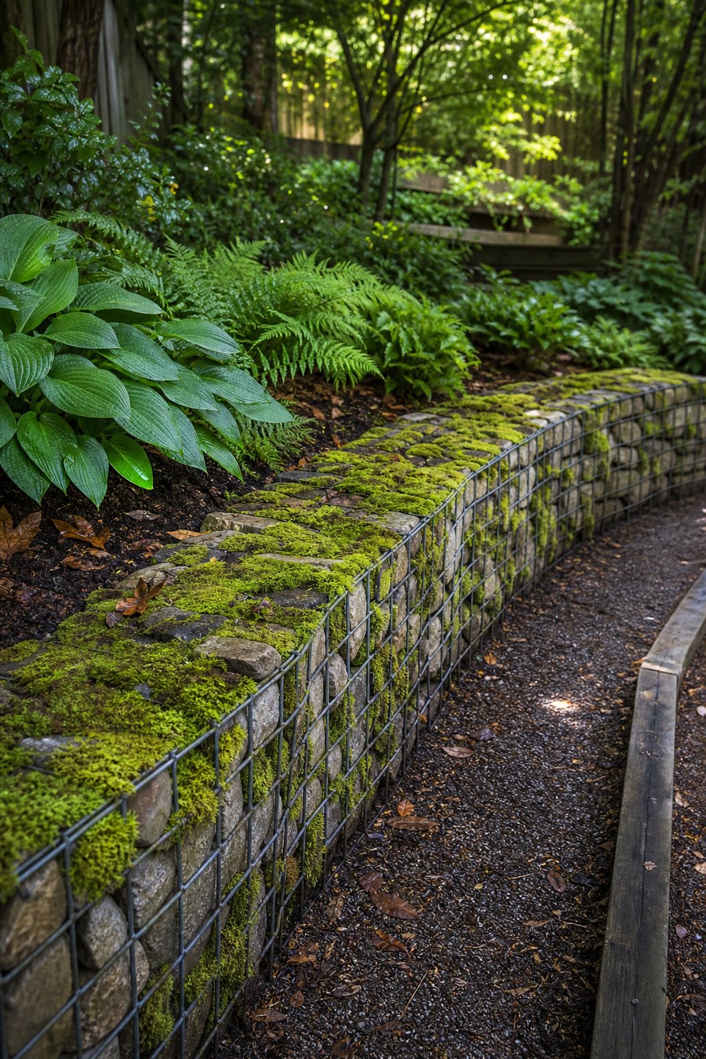 A moss-covered stone gabion wall curves through a shaded backyard garden surrounded by ferns and leafy plants.