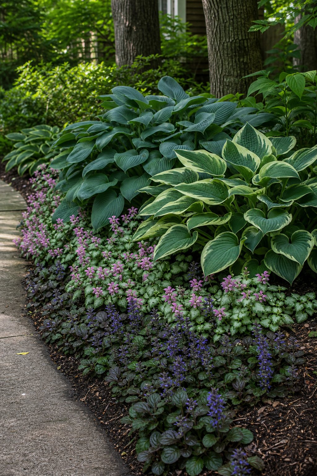 A narrow shaded flower bed filled with hostas, lamium, and ajuga along a garden border.
