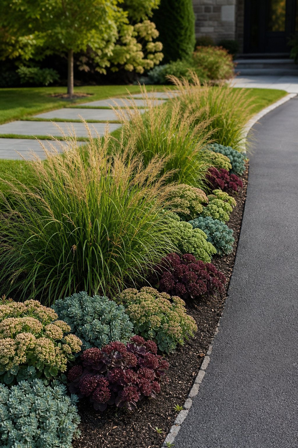 A narrow flower bed with ornamental grasses and sedum planted along the edge of a driveway.