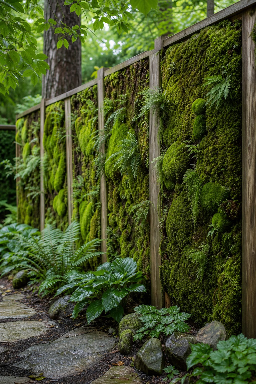 A lush vertical moss garden covers a shaded wooden fence in a backyard.