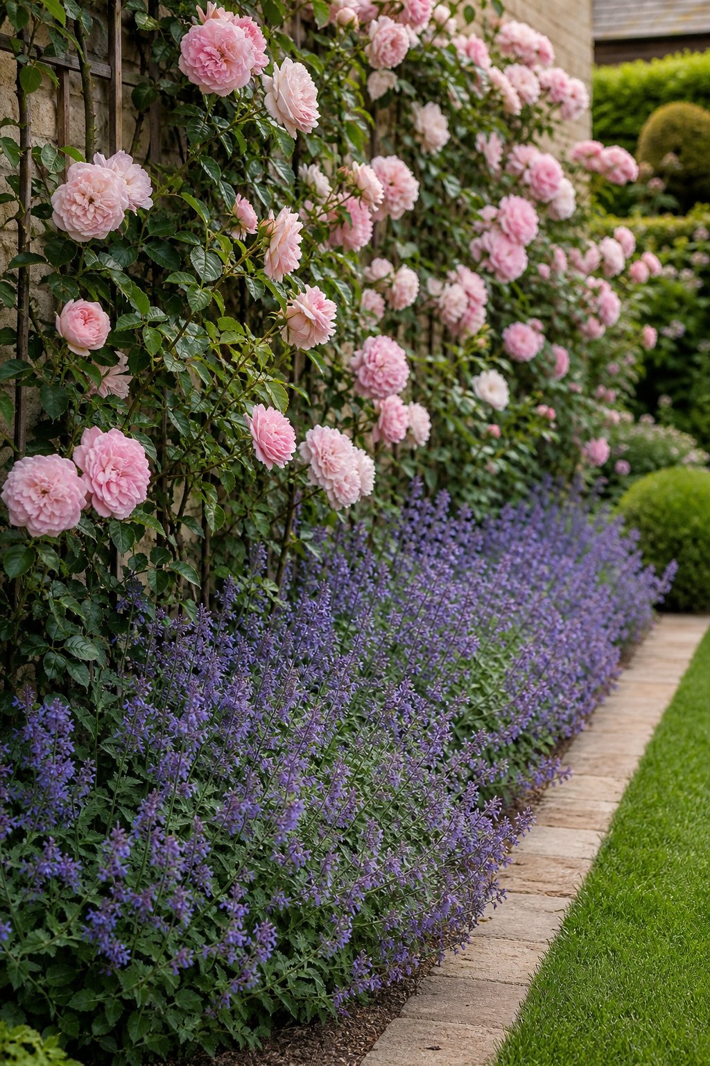 A narrow garden bed with pink climbing roses above lavender-blue nepeta.