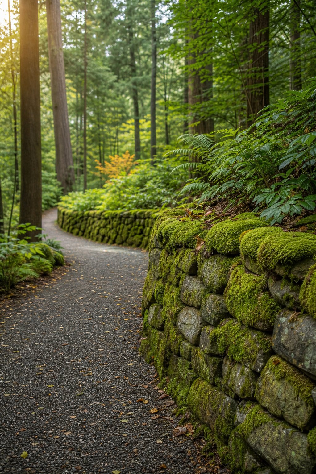 A moss-covered stone retaining wall beside a quiet path in a leafy woodland.