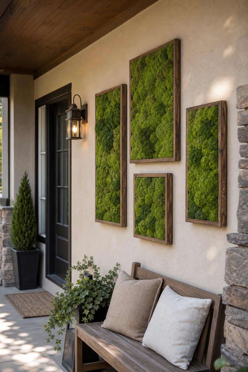 Framed green moss panels arranged on a wall of a residential front porch.