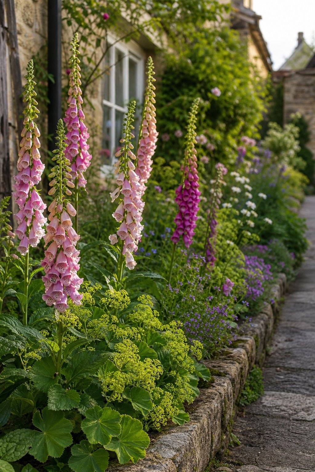 A narrow cottage garden flower bed with pink foxgloves and lime-green alchemilla beside a pathway.