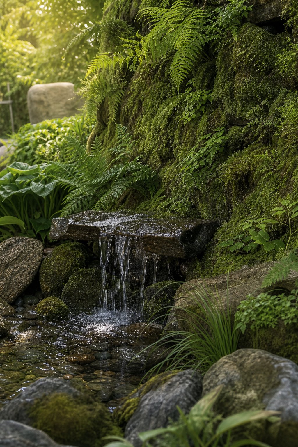 A backyard water feature surrounded by a moss-covered wall and lush green ferns.