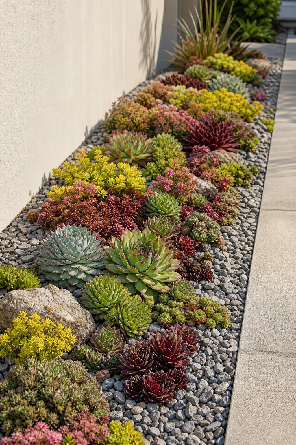 A narrow gravel-lined flower bed filled with colorful sedum and sempervivum succulents.