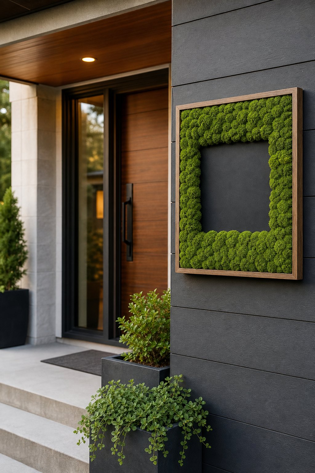 A green moss address sign beside the front door of a home.