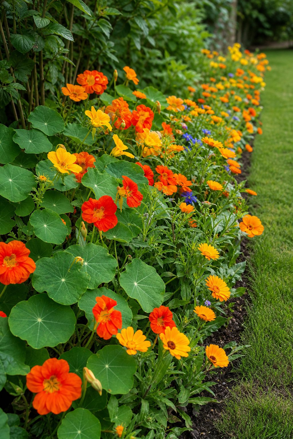 A narrow garden border filled with orange and yellow nasturtiums and calendula beside a lawn path.
