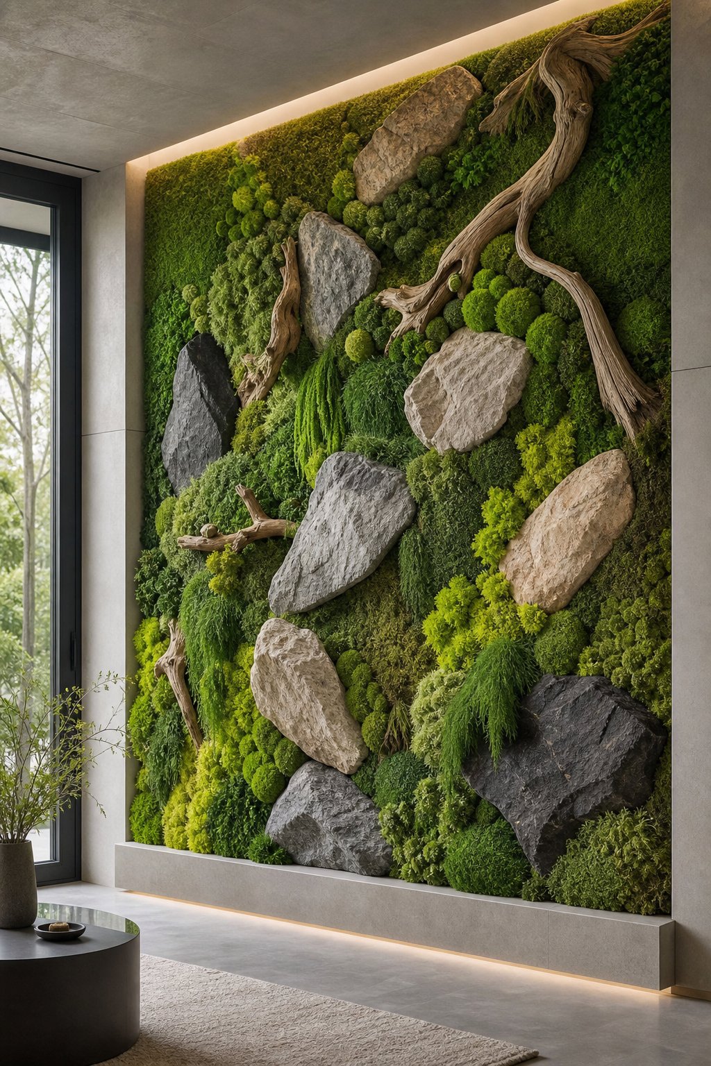 A decorative wall covered with patterned green moss, smooth stones, and pieces of driftwood.