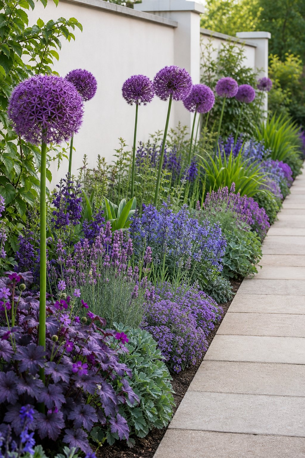 A narrow garden bed filled with lavender flowers, purple alliums, and layered green foliage beside a garden path.