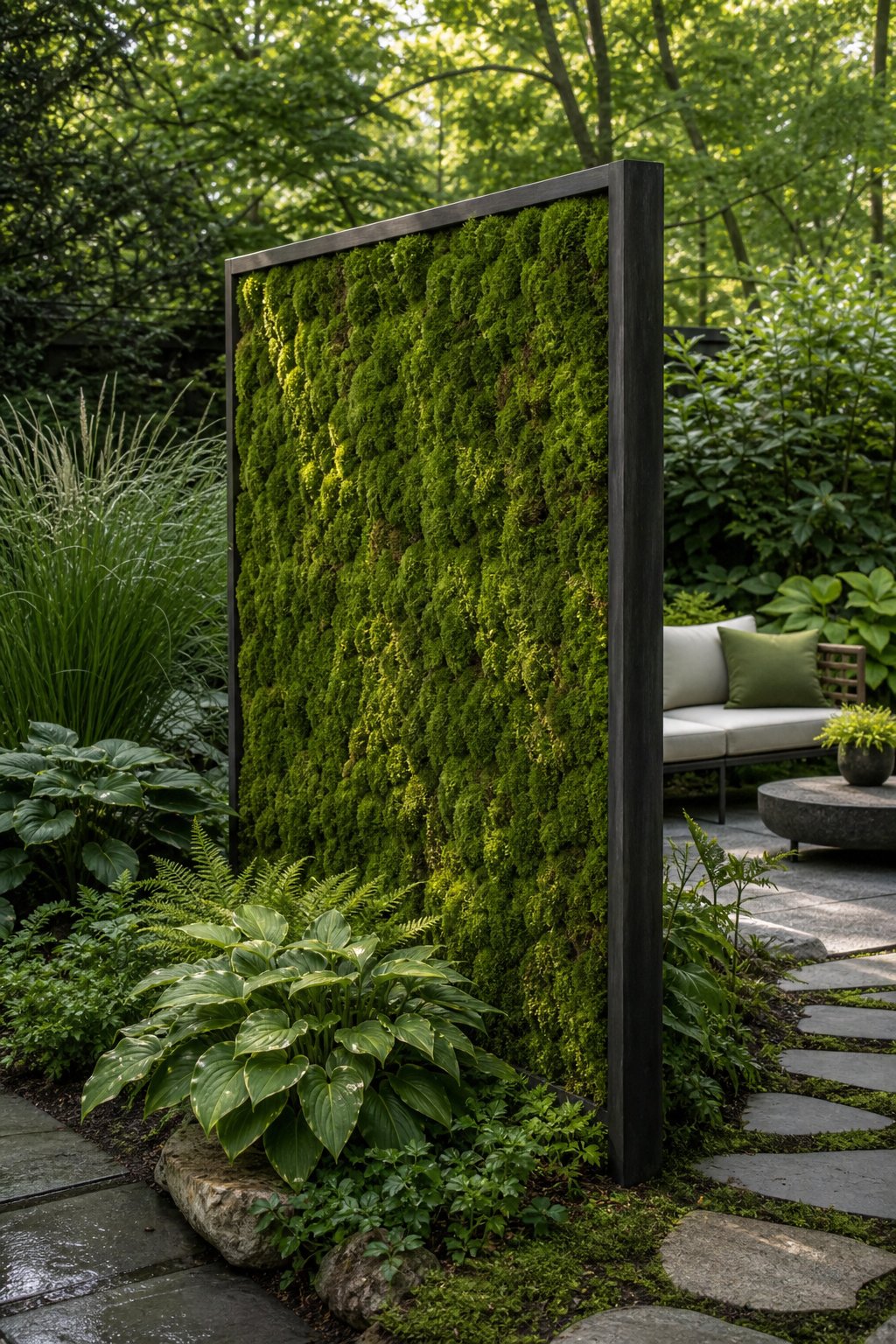 A moss-covered privacy screen separates two lush garden areas.