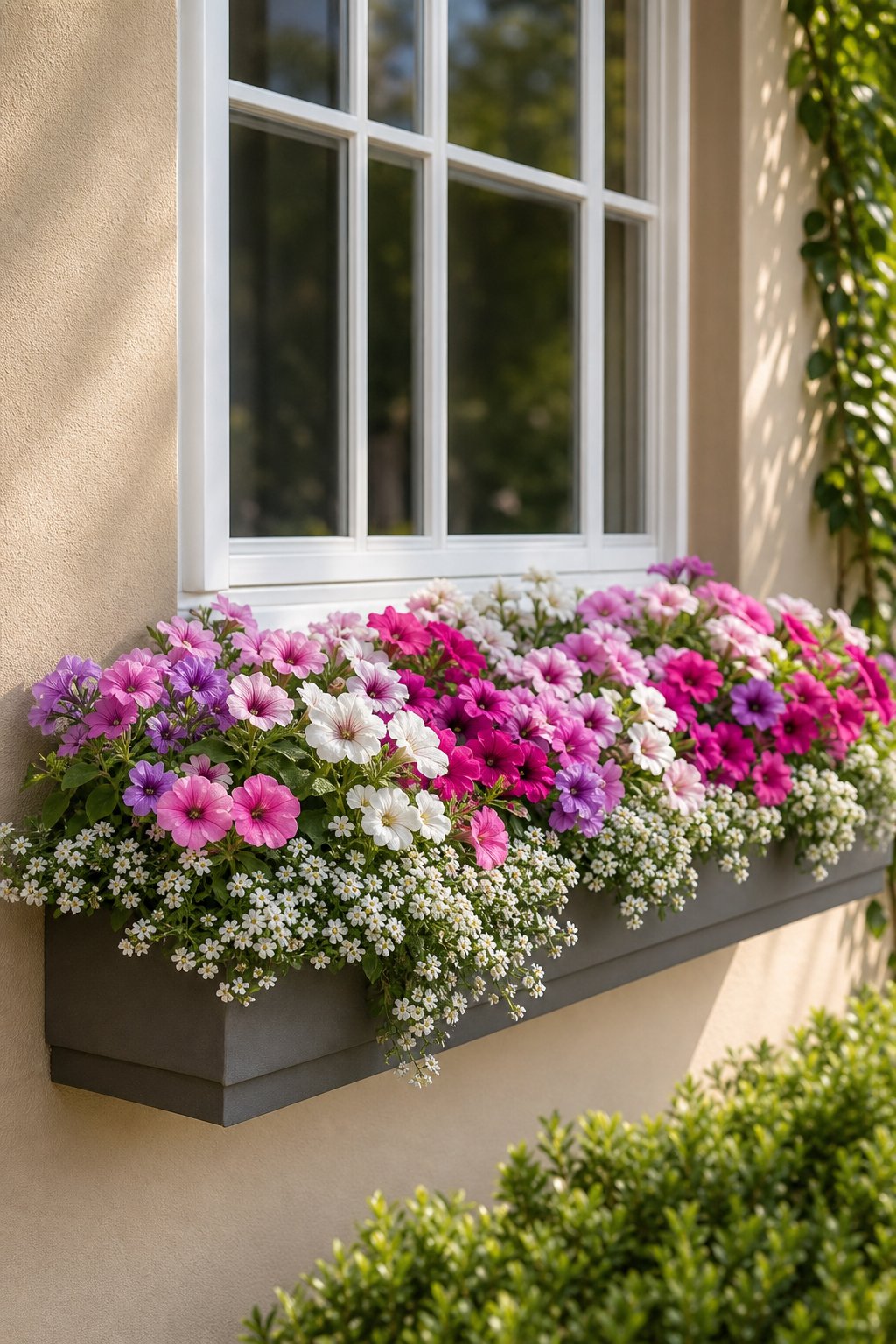 A narrow flower bed beneath a window filled with pink, purple, and white petunias and white sweet alyssum.