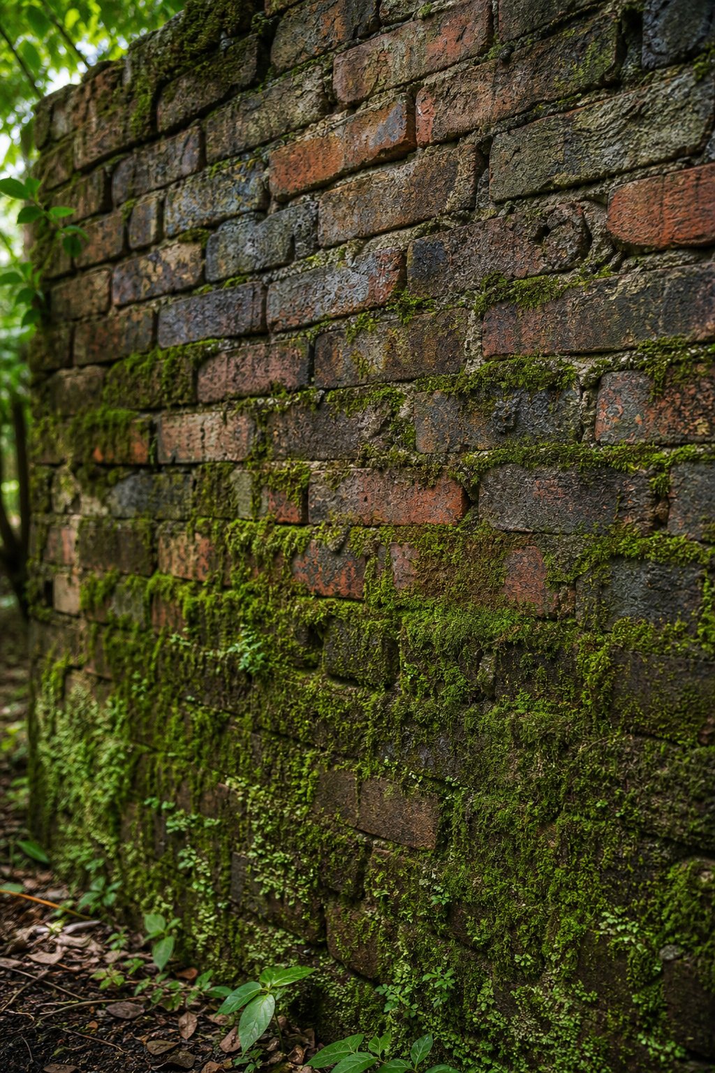 A weathered brick wall naturally covered with green moss in a shaded setting.