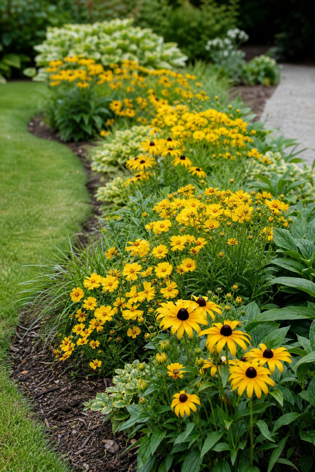 A narrow garden bed filled with yellow coreopsis and black-eyed Susans beside a lawn or path.