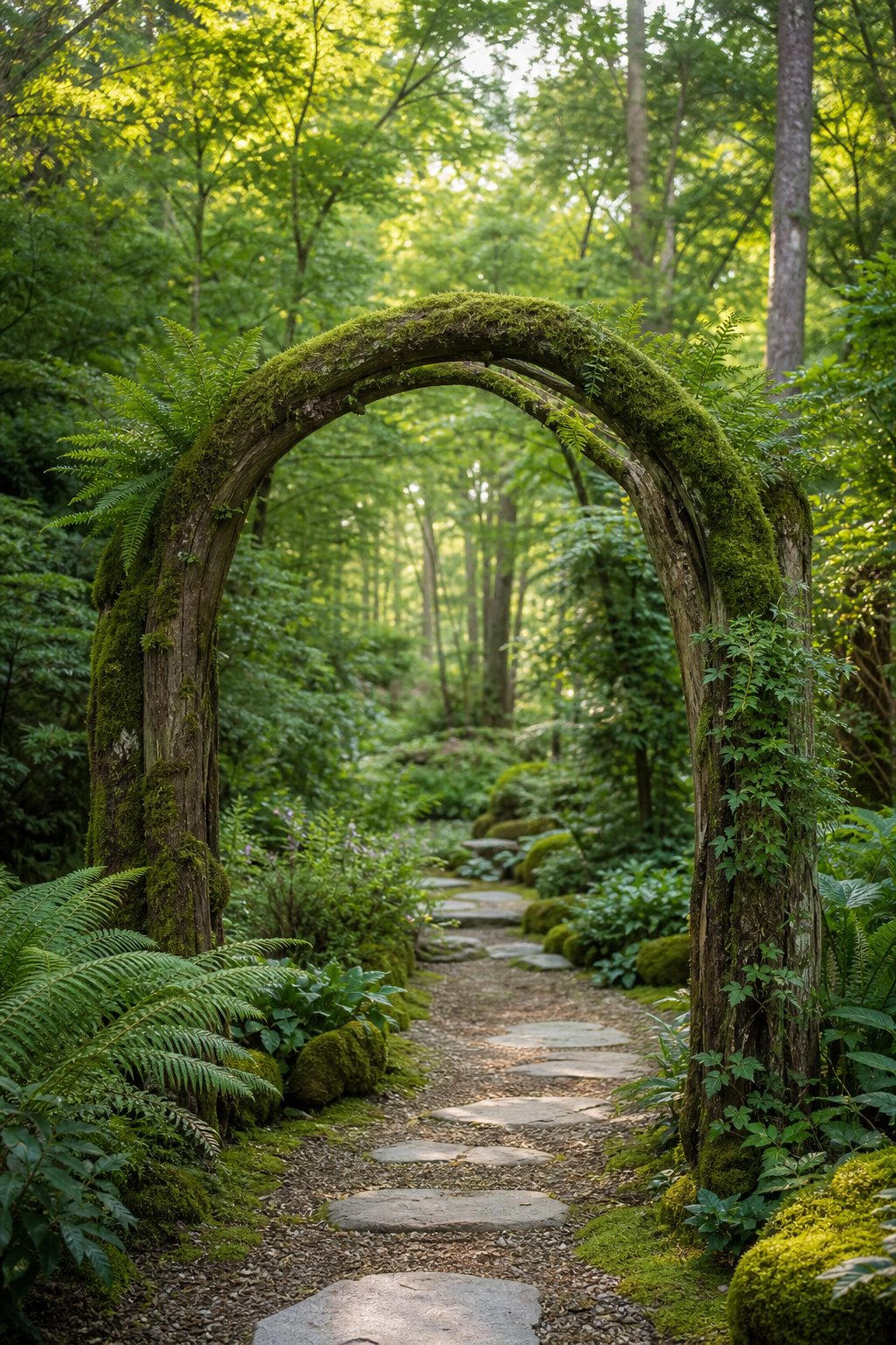A moss-covered wooden garden arch opens onto a leafy woodland path.