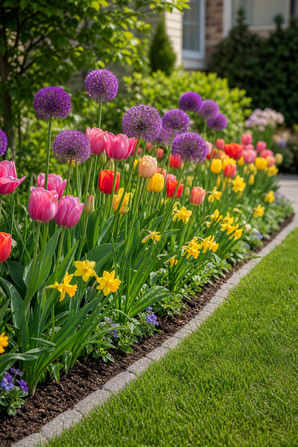 A narrow garden border filled with colorful tulips, purple alliums, and yellow daffodils beside a lawn and path.