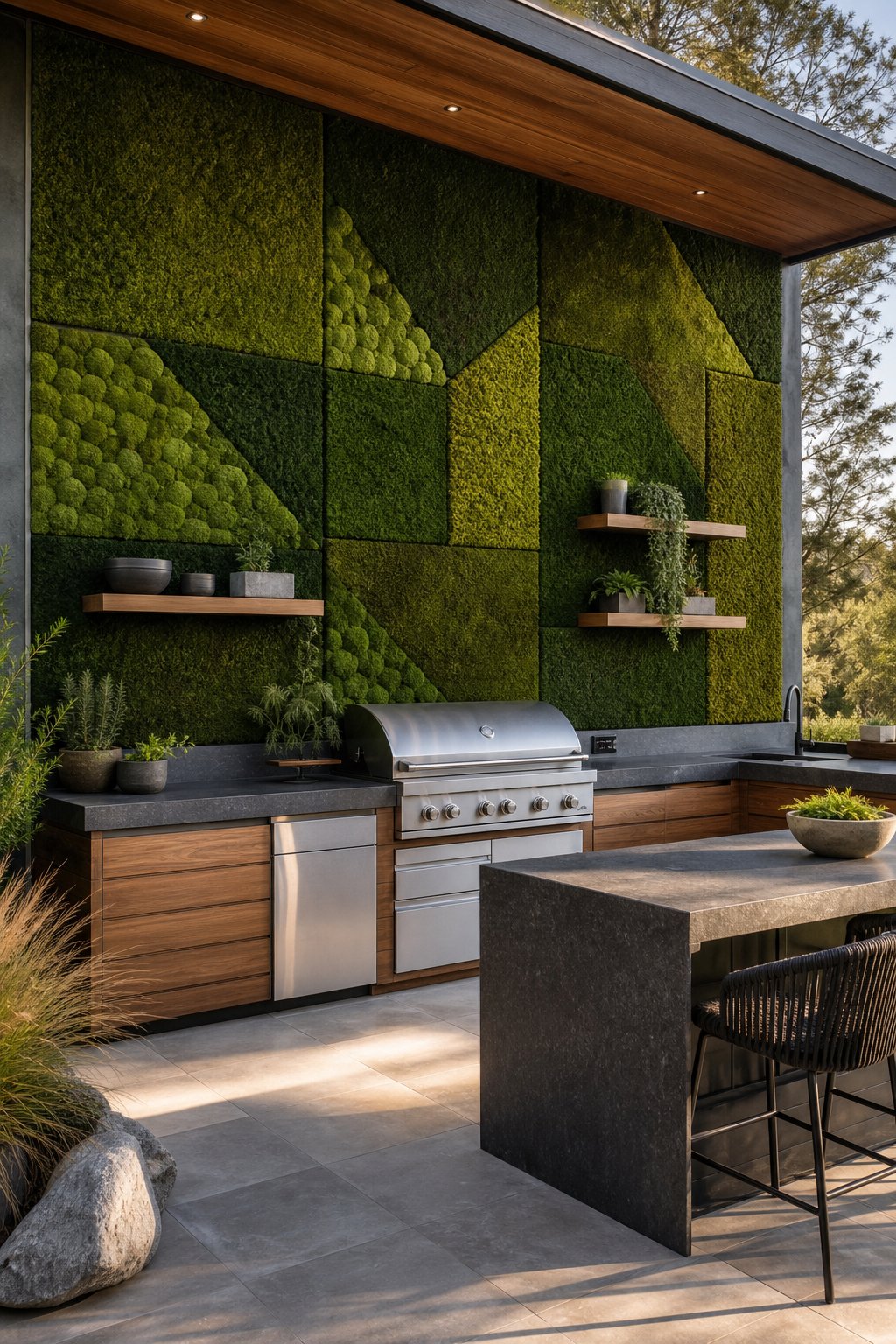 Outdoor kitchen with a geometric preserved moss wall behind a stainless-steel grill and stone counters.