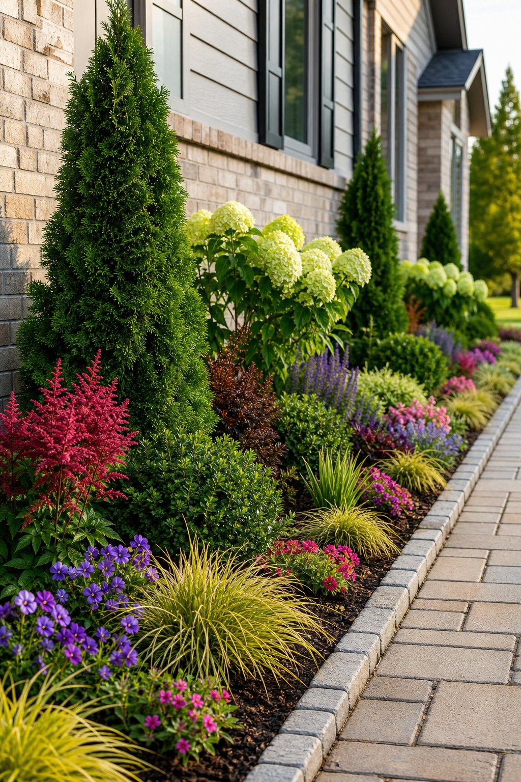 A narrow flower bed filled with colorful flowers, grasses, and compact shrubs beside a garden walkway.