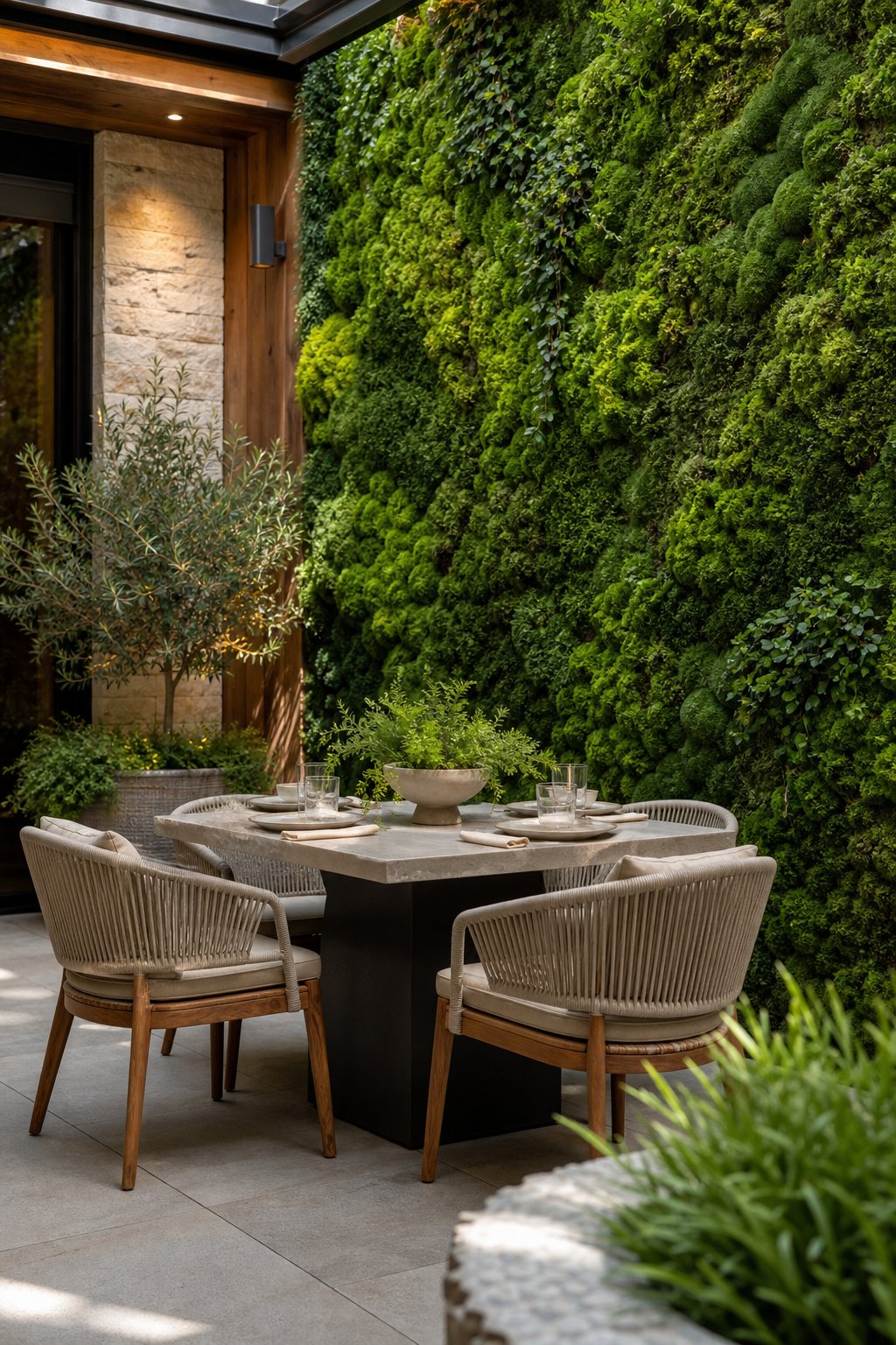 A courtyard dining nook with a lush green moss wall behind an outdoor table and chairs.