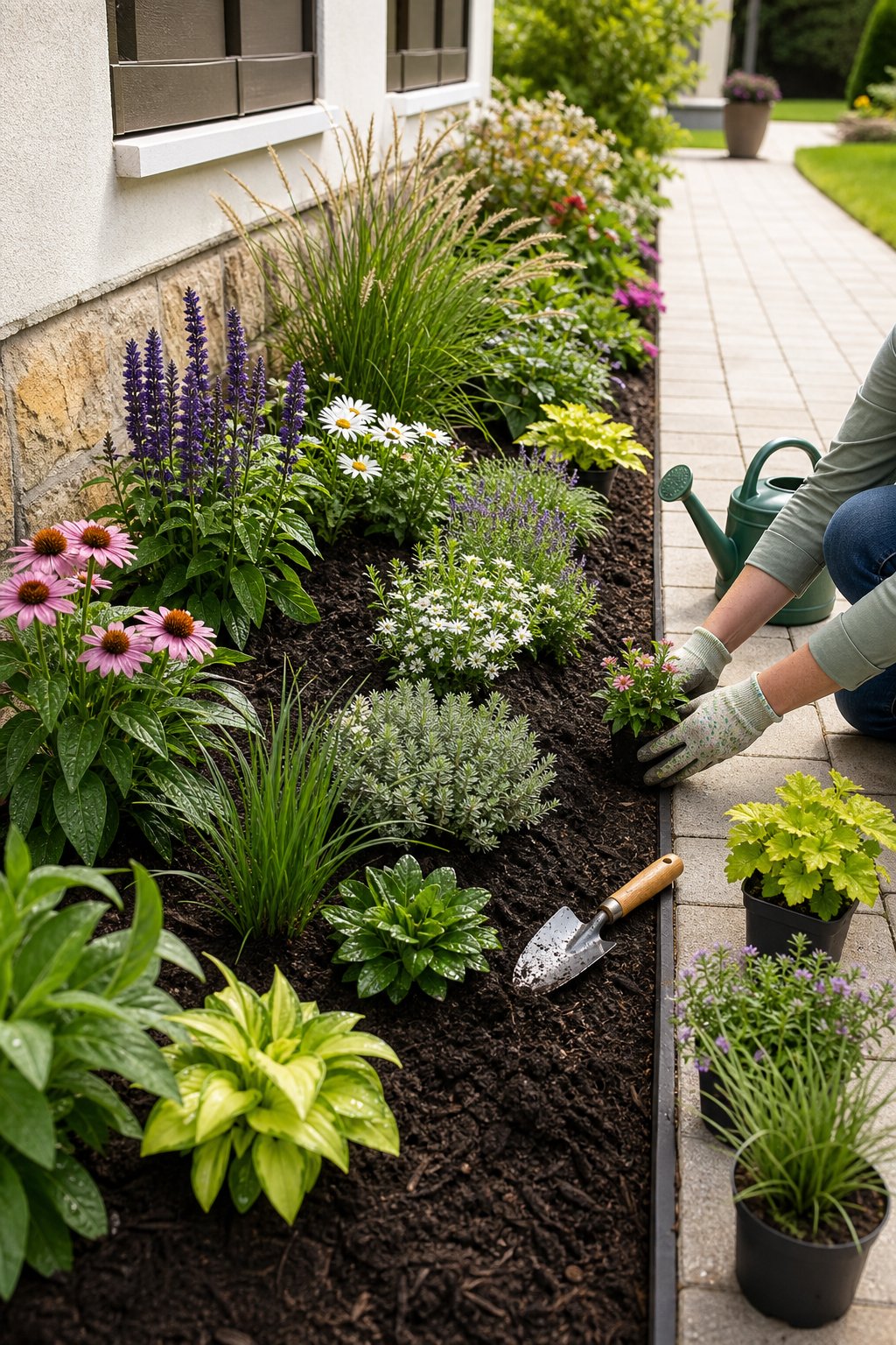 A gardener plants flowers in a narrow garden bed beside a walkway.