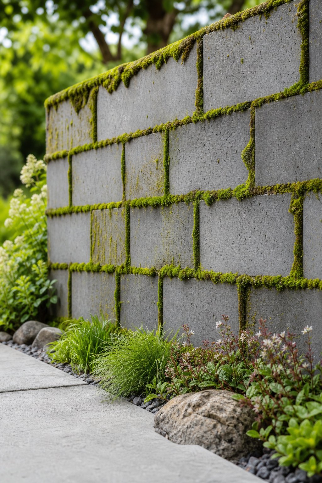 A gray concrete block garden wall with green moss growing along its joints and surfaces.