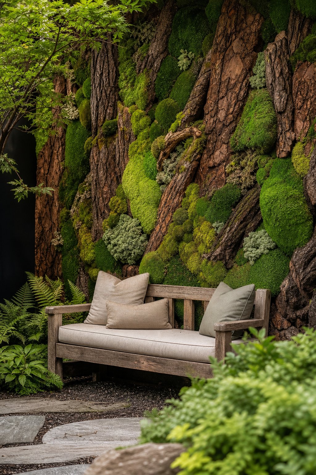 A wooden garden bench sits in front of a wall covered with moss and textured tree bark.