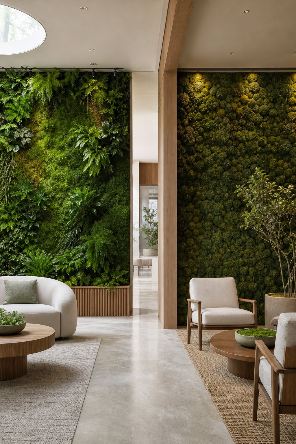 A modern interior showing a lush living moss wall beside a textured preserved moss wall.