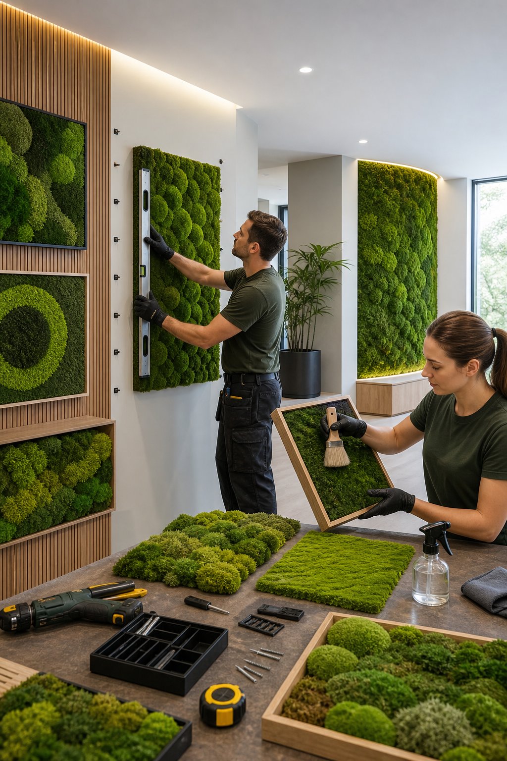 A professional installing and caring for several green moss wall panels in a modern interior.