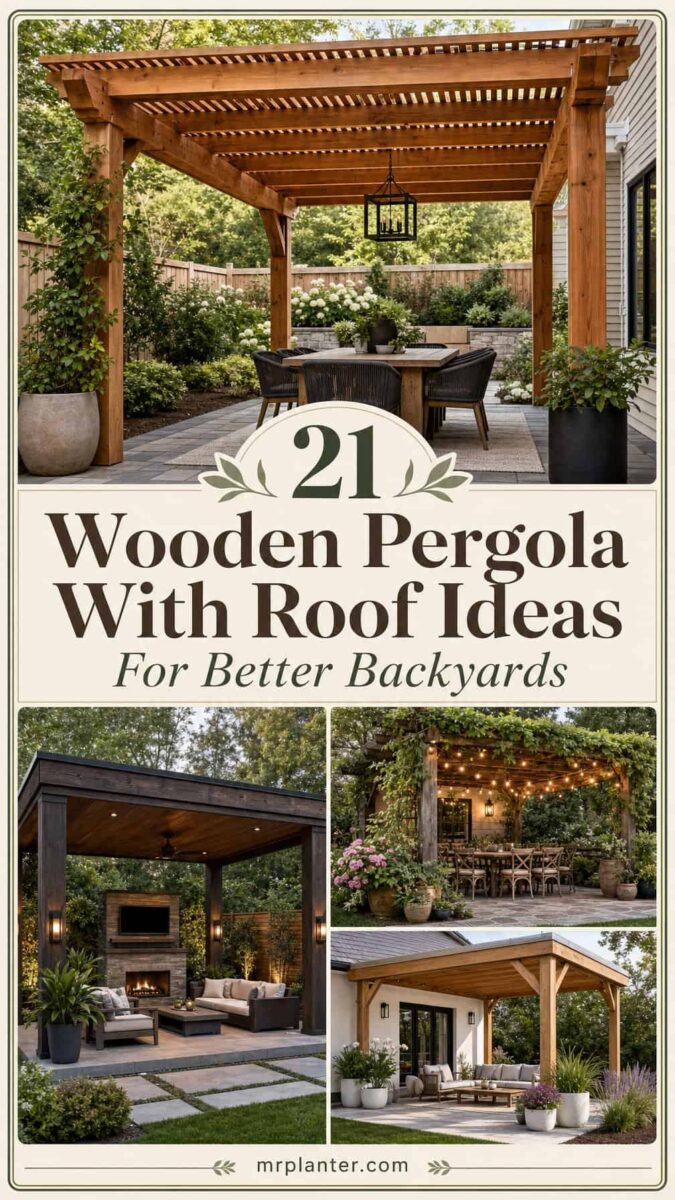 Image showing Wooden pergola with roof ideas collage and featuring cedar A-frame pergola with dining set, black modern pergola with fireplace, vine-covered pergola with string lights, and attached pergola with sloped roof