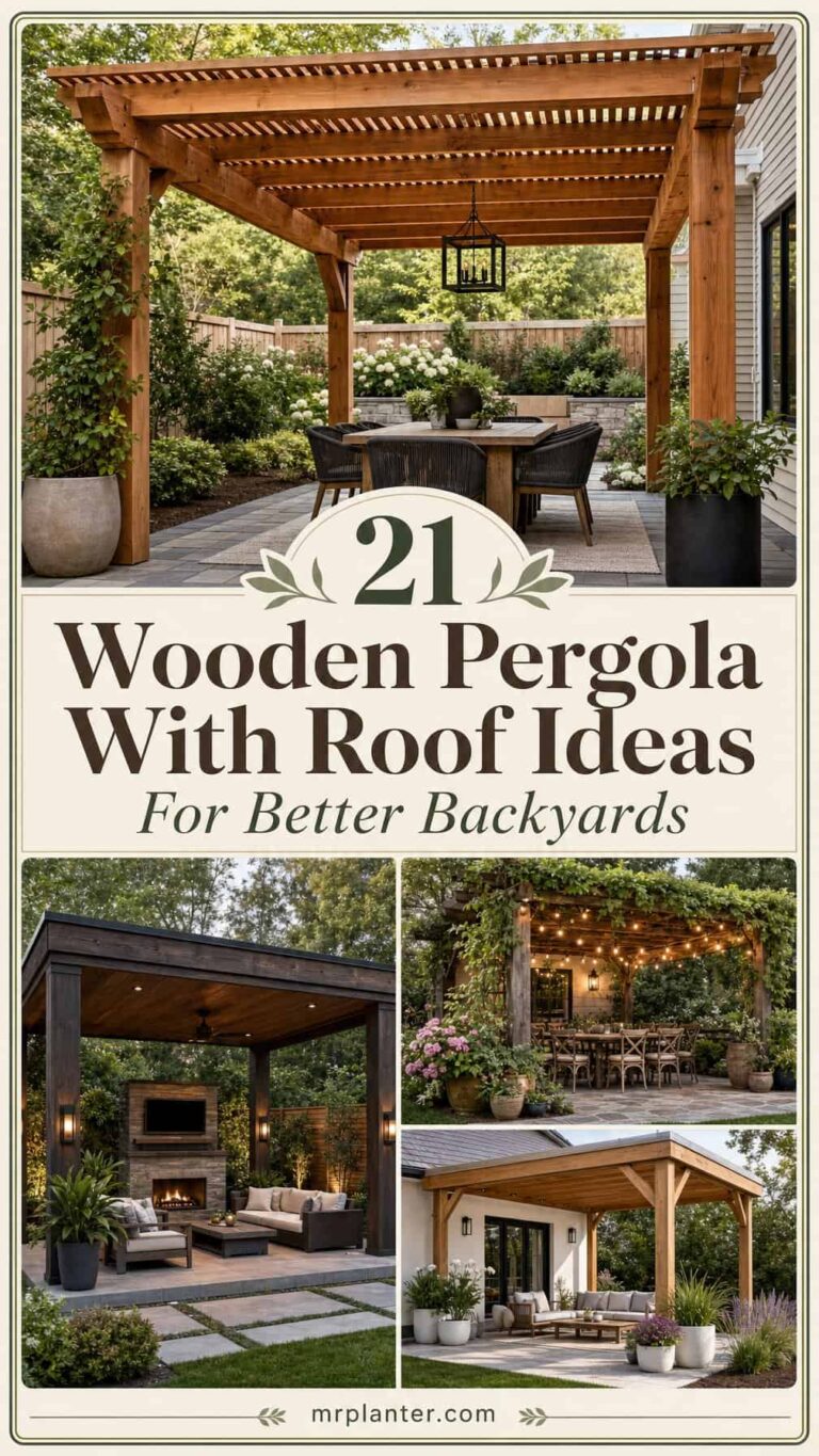 Image showing Wooden pergola with roof ideas collage and featuring cedar A-frame pergola with dining set, black modern pergola with fireplace, vine-covered pergola with string lights, and attached pergola with sloped roof