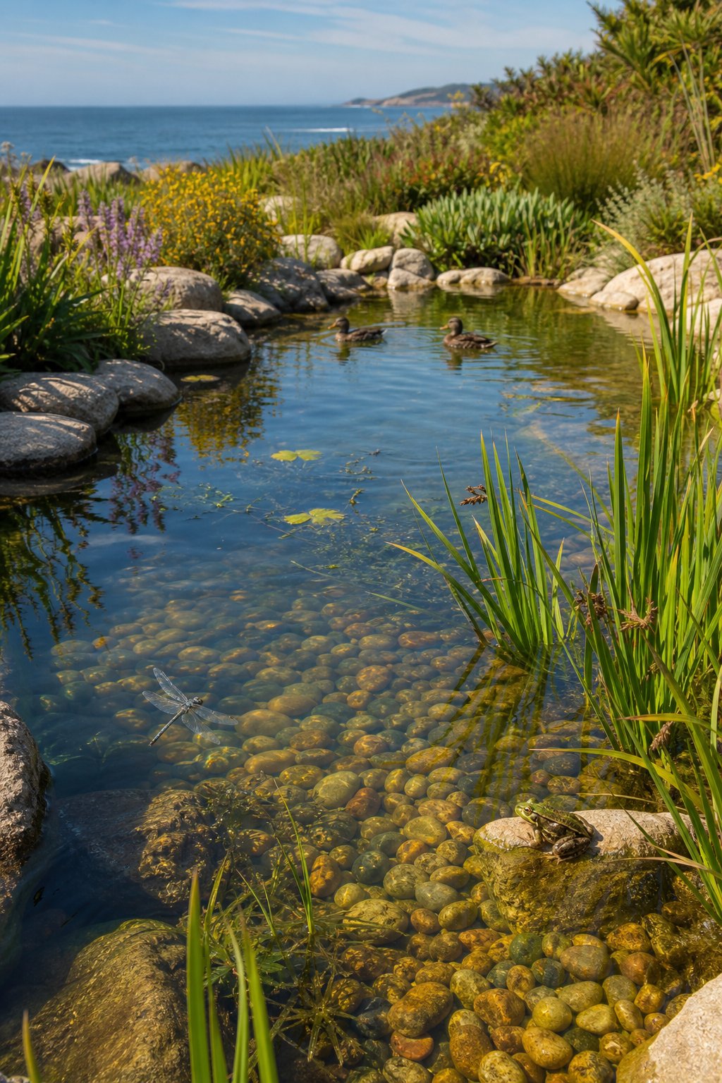 A shallow wildlife pond with a gentle sloping edge surrounded by stones and greenery, with aquatic plants and small animals visible in the water.
