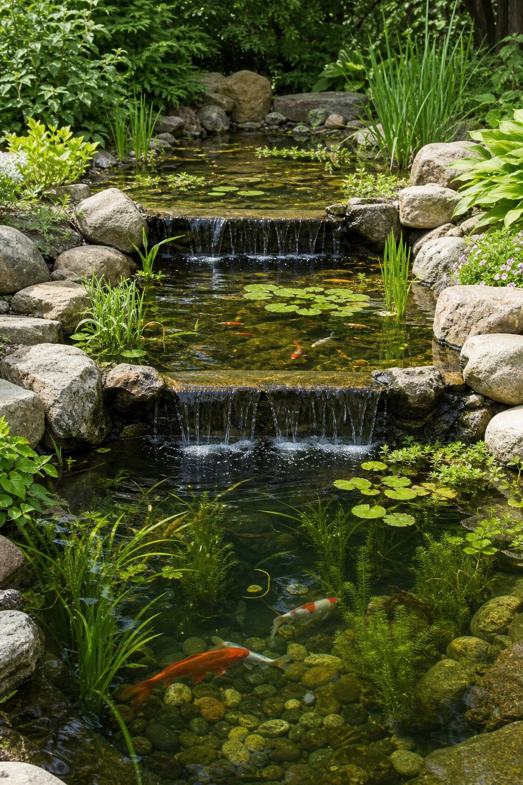 A three-tier pond with clear water showing different depth zones, aquatic plants, and fish surrounded by natural stones and greenery.