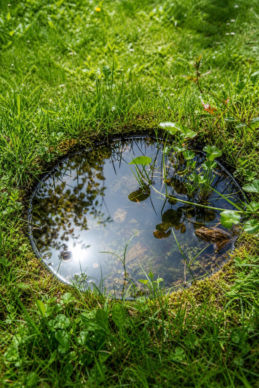 A small shallow pond sunk into a green lawn with clear water and surrounding grass and plants.