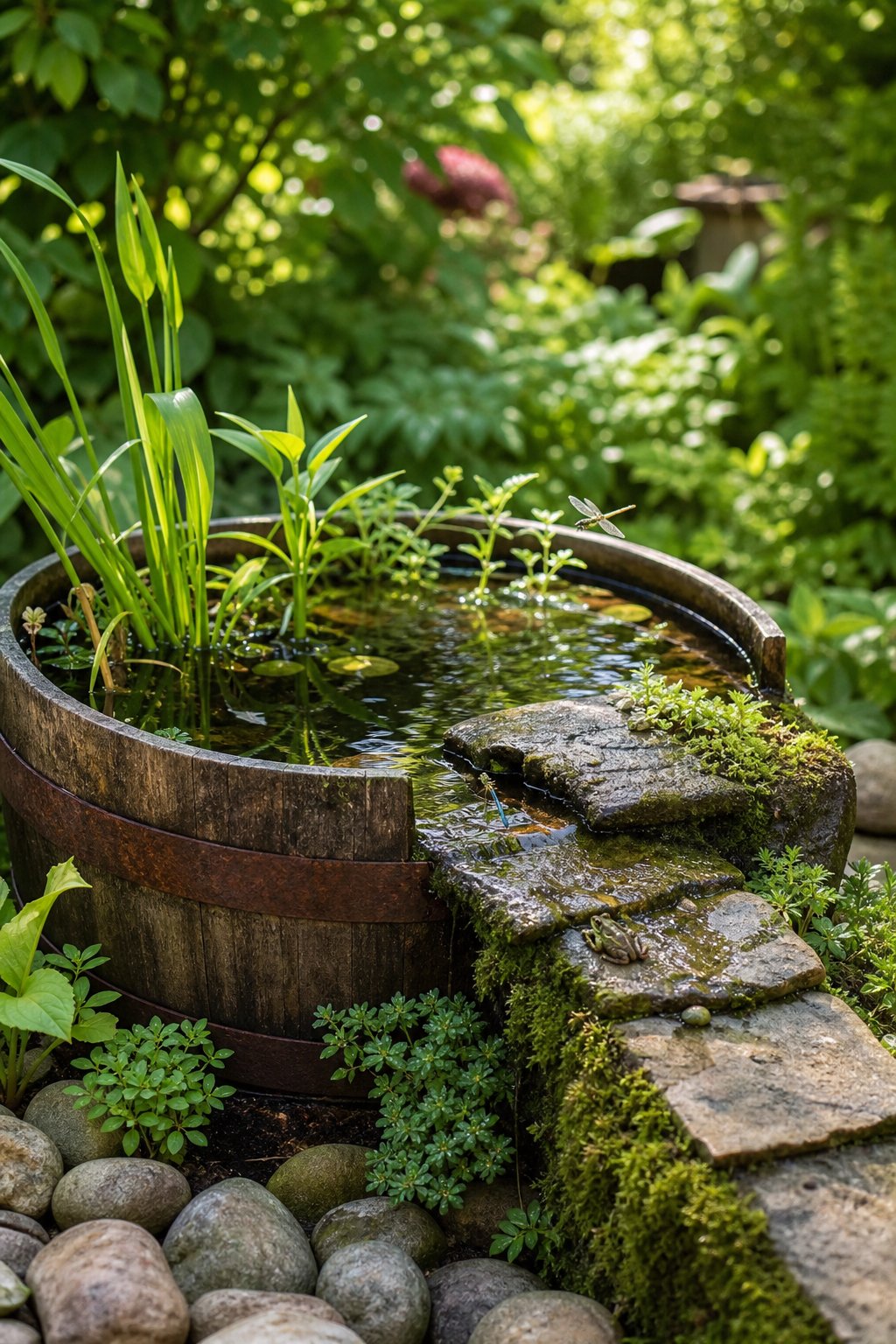 A weathered oak half-barrel pond with clear shallow water and a mossy stone ramp surrounded by greenery.