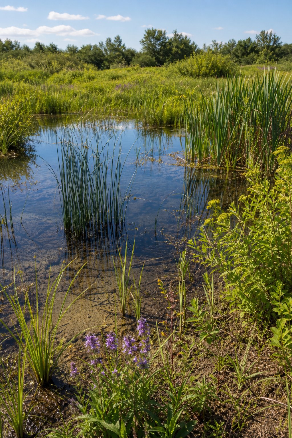 A shallow wildlife pond at the edge of a bog with native marsh plants growing around it.