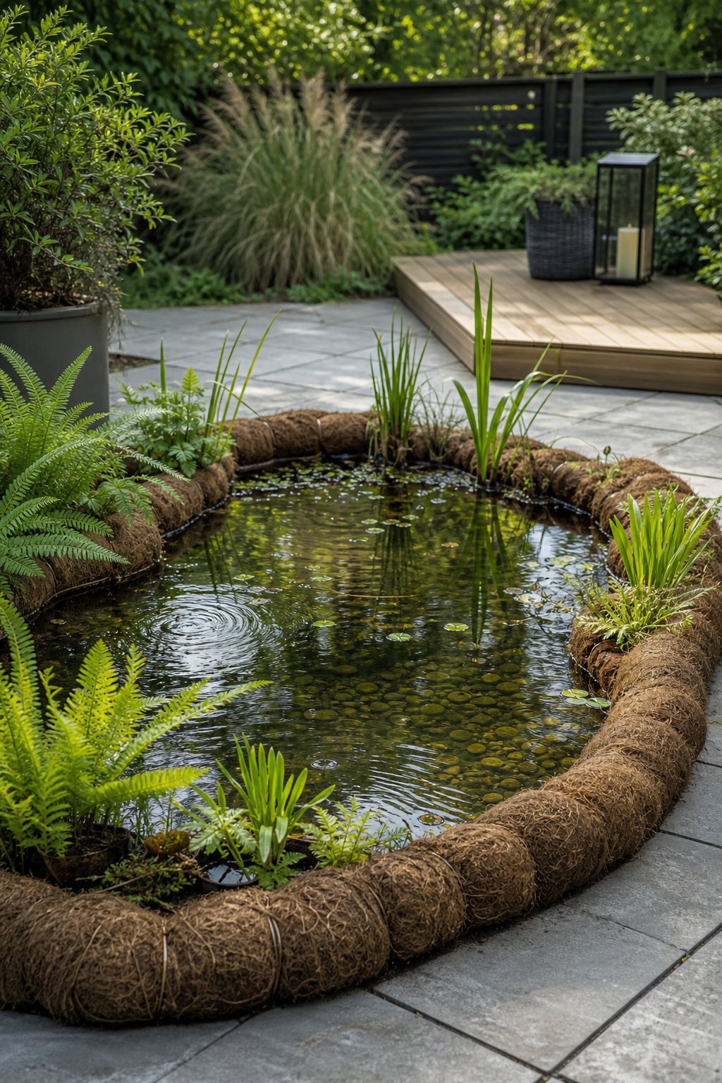 A shallow patio pond edged with natural coir rolls and planted with various aquatic plants, surrounded by stone tiles and garden greenery.