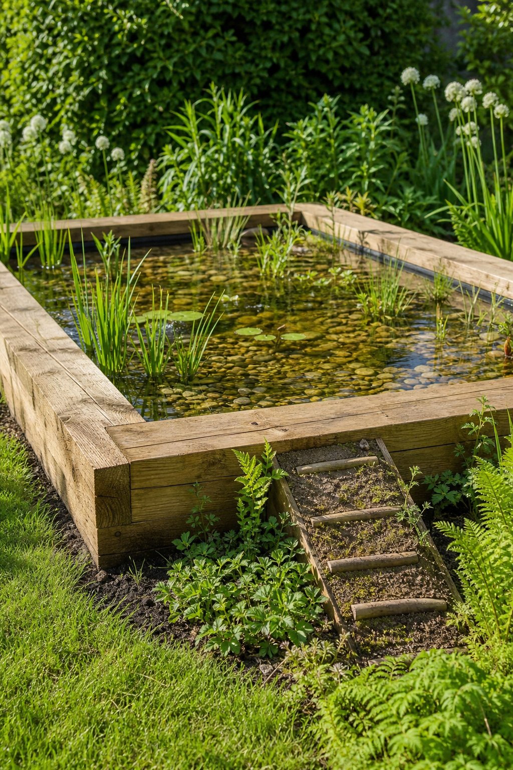A raised timber sleeper pond with shallow water and a hidden wooden ramp for hedgehogs, surrounded by green plants and grass.