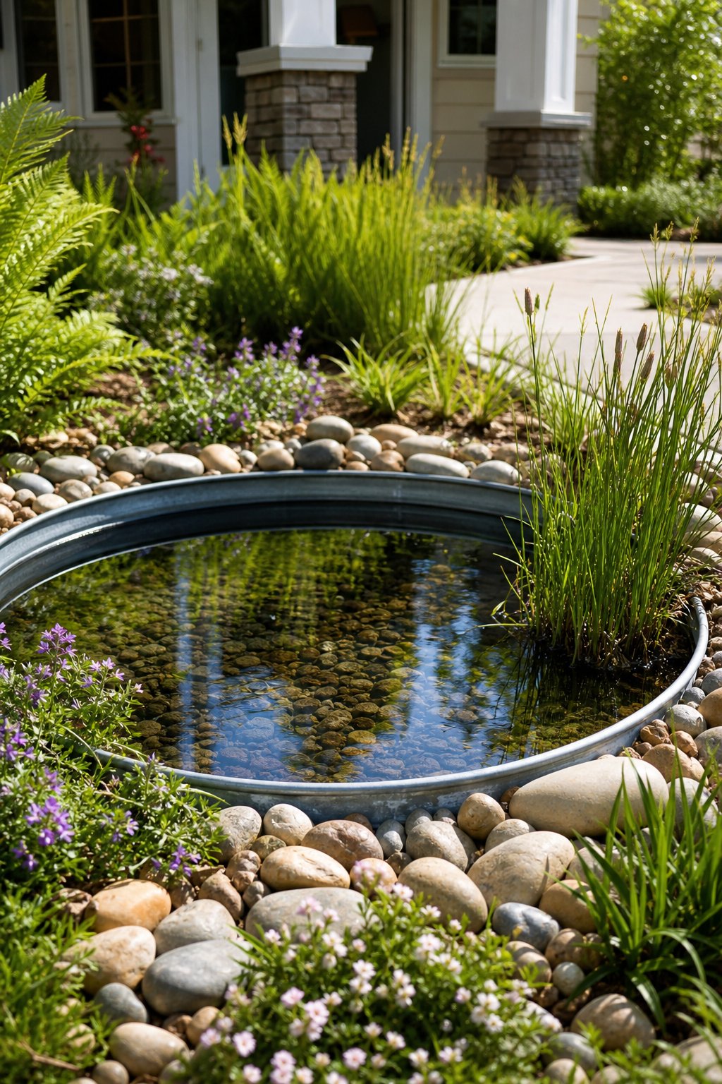 A shallow wildlife pond with a zinc rim and pebble border surrounded by green plants in a front yard.