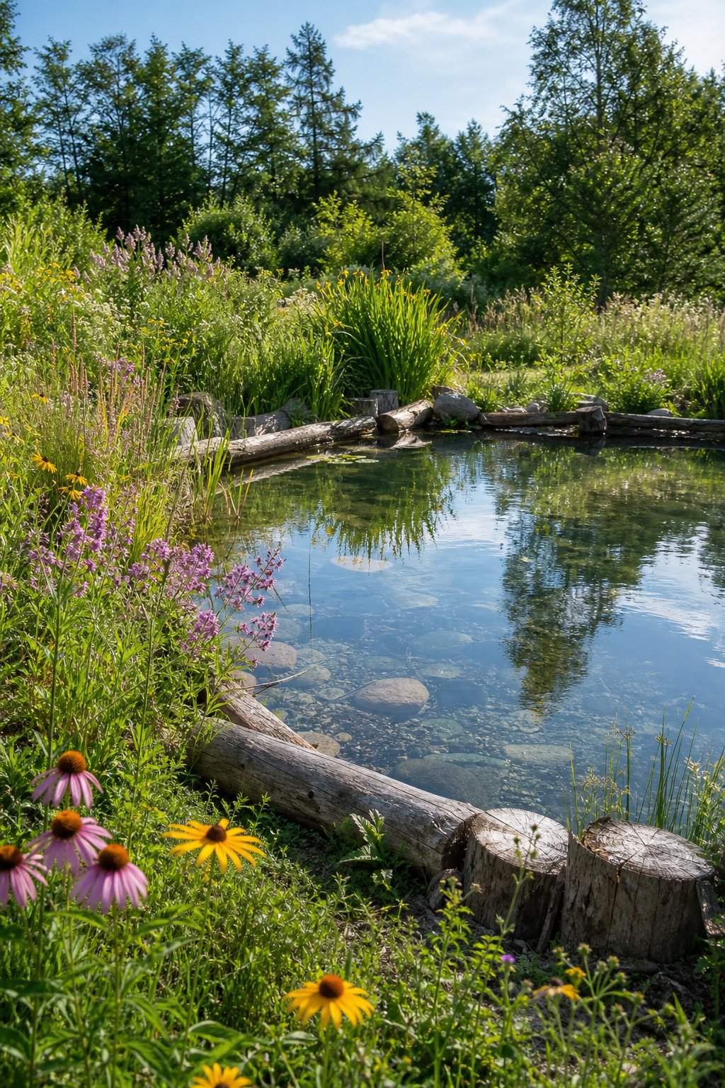 A shallow pond bordered by logs, surrounded by native grasses and blooming wildflowers under clear daylight.
