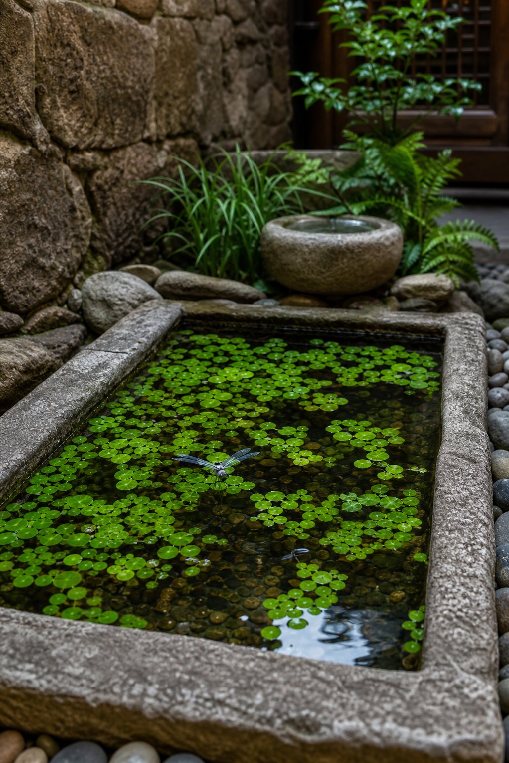 A shallow stone basin courtyard pond covered with green floating frogbit plants surrounded by stone walls and pebbles.