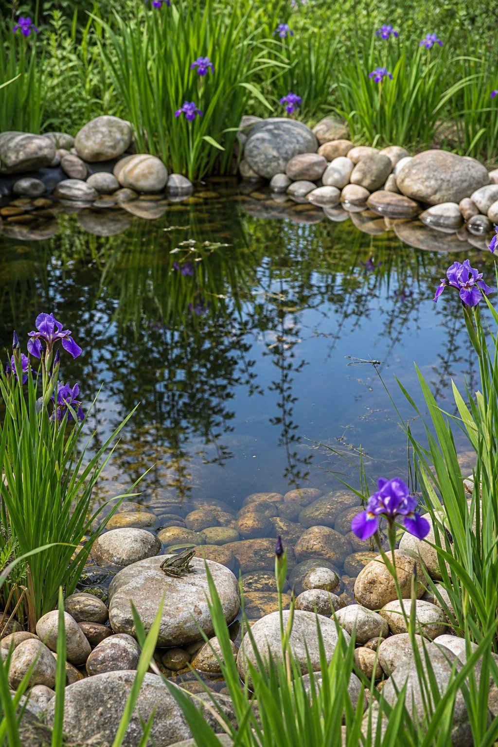 A shallow pond with black liner, rounded cobbles around the edge, and green iris plants with purple flowers growing along the margin.