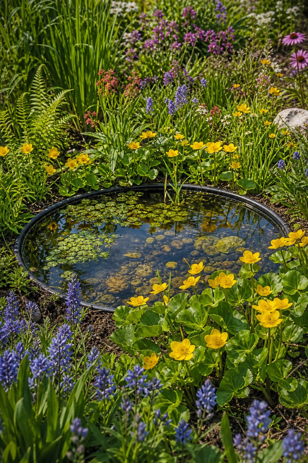A shallow sunken container pond surrounded by marsh marigold flowers and pollinator plants in a garden.