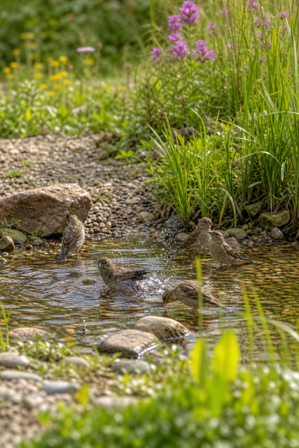Shallow pond with clear water and gravel edge, small birds bathing near the water surrounded by green plants and reeds.